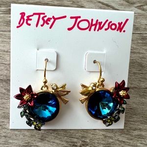 BETSY JOHNSON Earrings - Gold Plated with large blue stone and dove w/flowers